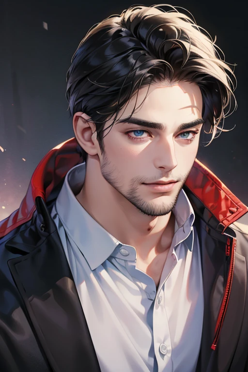 (best quality,4k,8k,highres,masterpiece:1.2),ultra-detailed,(realistic,photorealistic,photo-realistic:1.37),30 year old man,3 day beard,handsome anime,portraits,strong,masculine,dark hair,sharp jawline,mesmerizing eyes,perfectly styled hair,cool anime outfit,confident expression,vibrant colors,dynamic lighting, CEO and expression smile in love.