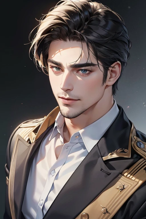 (best quality,4k,8k,highres,masterpiece:1.2),ultra-detailed,(realistic,photorealistic,photo-realistic:1.37),30 year old man,3 day beard,handsome anime,portraits,strong,masculine,dark hair,sharp jawline,mesmerizing eyes,perfectly styled hair,cool anime outfit,confident expression,vibrant colors,dynamic lighting, CEO and expression smile in love.