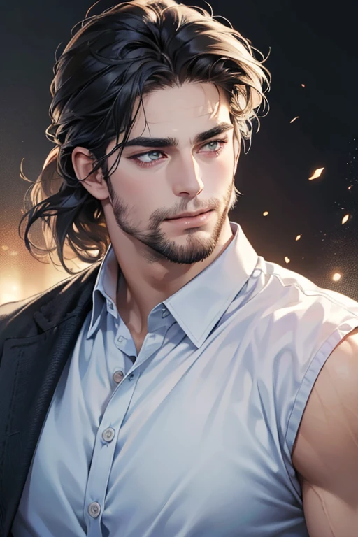 (best quality,4k,8k,highres,masterpiece:1.2),ultra-detailed,(realistic,photorealistic,photo-realistic:1.37),30 year old man,3 day beard,handsome anime,portraits,strong,masculine,dark hair,sharp jawline,mesmerizing eyes,perfectly styled hair,cool anime outfit,confident expression,vibrant colors,dynamic lighting, CEO and expression smile in love.
