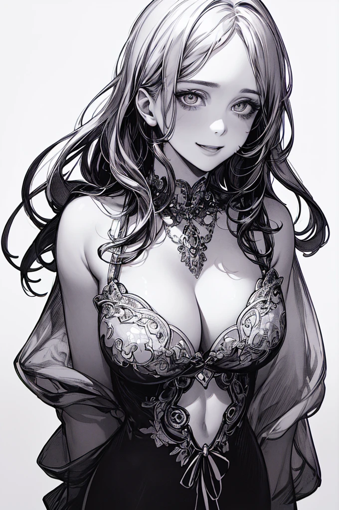 Highest quality, (Background duplication), High Contrast, Super Beauty, Original illustration details, Sensual, Delicate face, Charm, Great atmosphere, sexy, Real breasts, Crazy Smile, Crazy Eyes, looking at the camera, (White Background:1.5), Beautiful line art, Monochrome