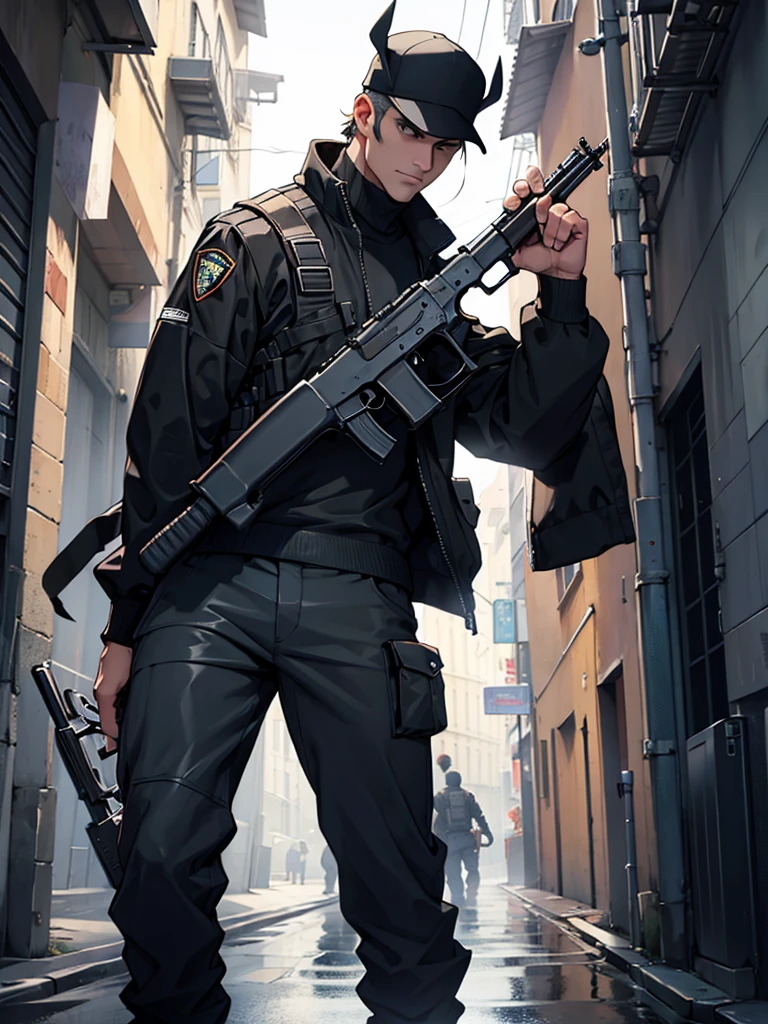 Man dressed as a criminal with an AK47 weapon in his right hand is leaning on a black Lamborghini