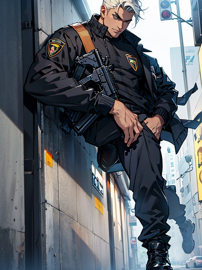 Man dressed as a criminal with an AK47 weapon in his right hand is leaning on a black Lamborghini
