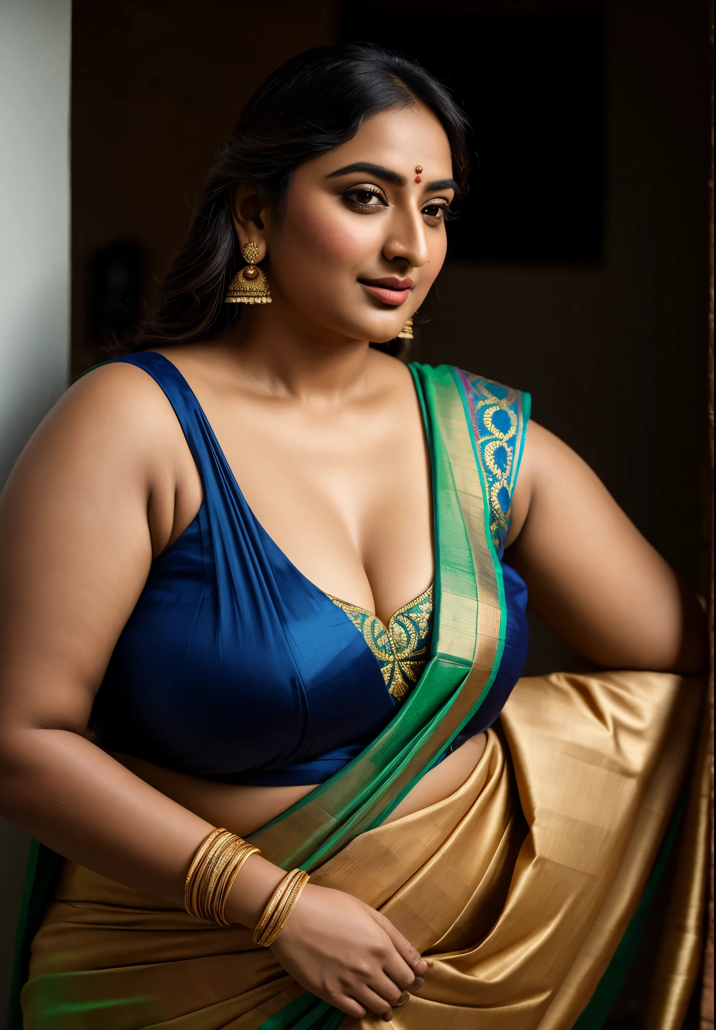 Foto RAW, photorealistic, photography, full body shot, master shot, perfect eyes, goddess like beauty, pierced eyes, perfect thick chubby mallu Desi aunty bhabhi, Wearing a Stanapatta, a chest-band.Saree model, model Photography, Indian saree shoot, Indian traditional wear advertising photography, traditional wear brand shoot, face of Indian actress Sonakshi Sinha, masterpiece, realistic, realism, incredible details, pleasure, photorealism, detailed skin, skin pores, high contrast, photorealistic Artstation 8k HD digital art trend of high definition and detailed realistic skin texture, ultra detail, realistic skin texture, armature, best quality, ultra high definition, (photorealistic:1.4),, high resolution, detail, raw photo, sweat, Re sharp, by Lee Jefferies Nikon D850 Film Stock Photo 4 Kodak Portra 400 Camera F1.6 Lens Rich Color Ultra Real Realistic Realistic Textures Dramatic Lighting Unreal Engine Trending at Art Station Cinestill 800,(pele altamente detalhada: 1.2), 8k UHD, DSLR, soft-lighting, alta qualidade, grain of film, Fujifilm XT3,she didn't like to wear blouse or bra, she is happy to wear only saree, she hates blouse or bra, detailed hairy armpits, hyper realistic skin, skin pores, sweat, veins,