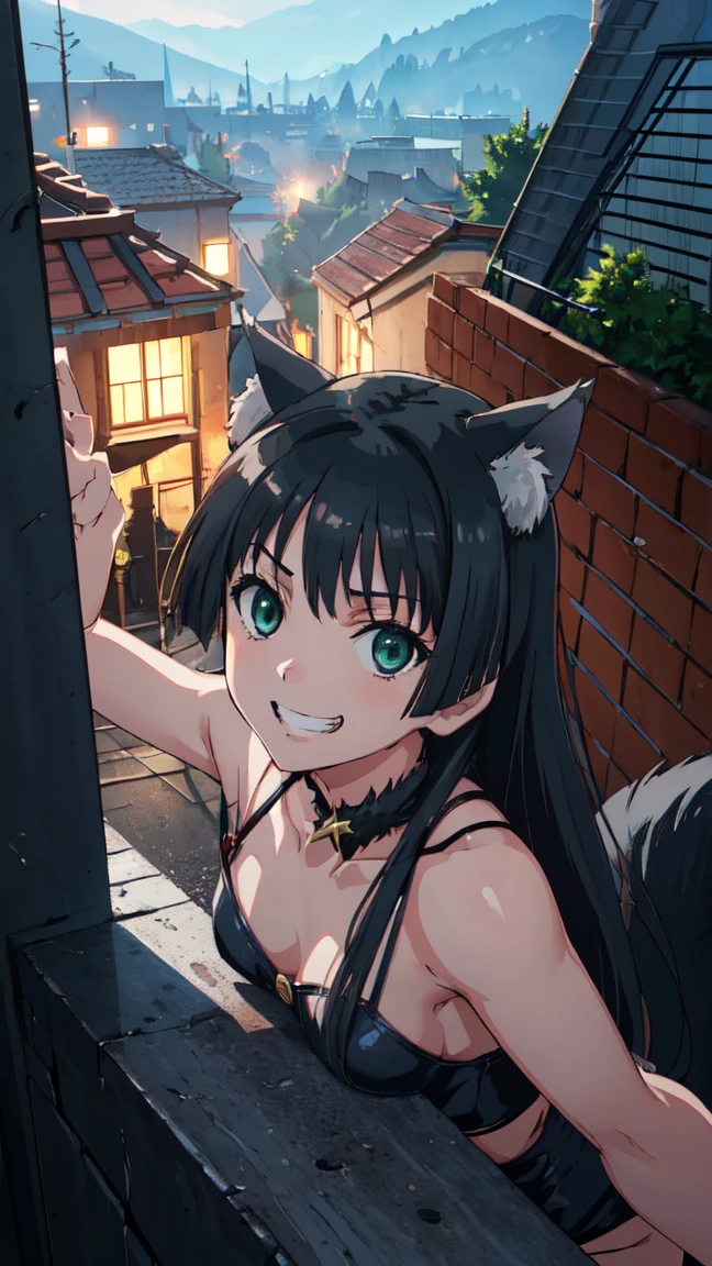  (High resolution:1.4), (masutepiece:1.2), (High quality:1.3) 1girl, saten ruiko, green eyes, long hair, black hair, small breast, dangerousbeast, wolf tail,  cinematic lighting,  pov, grin