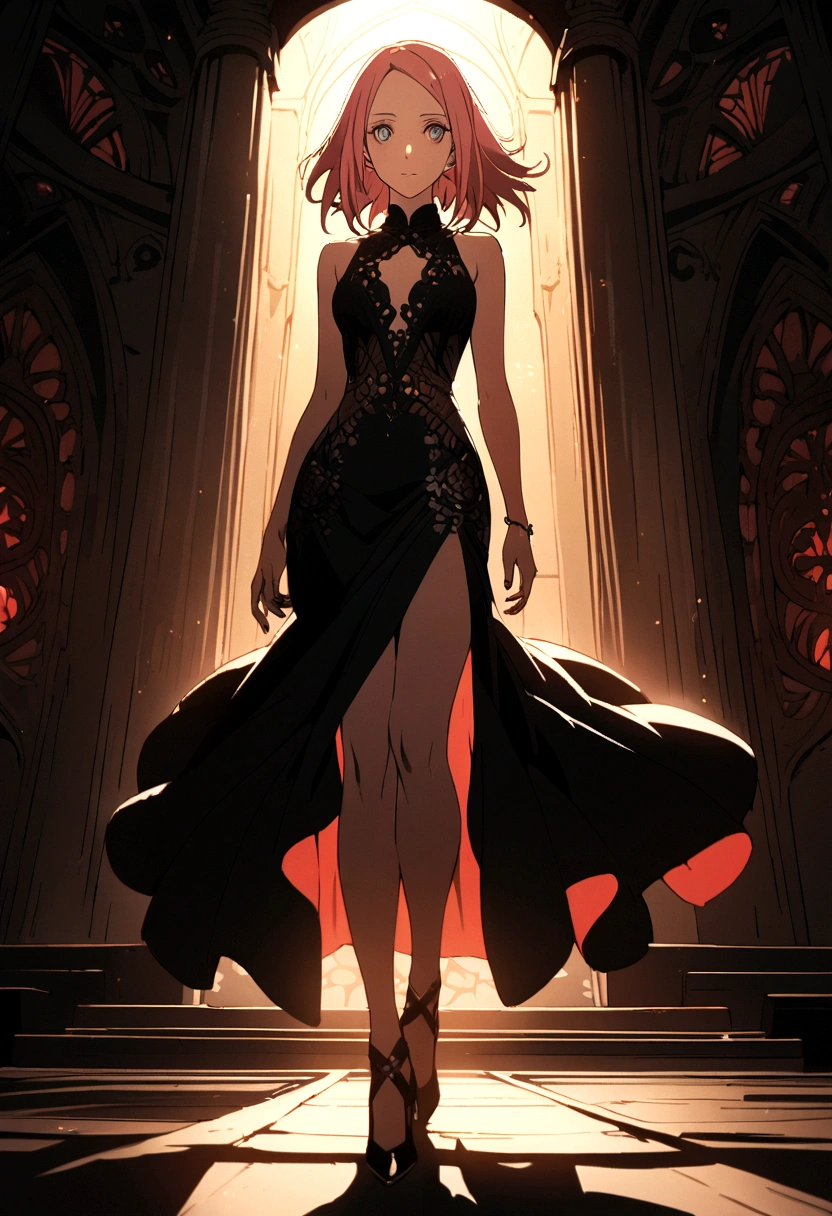 sakura haruno, adult female, black tight dress, high heels, long hair, detailed facial features, beautiful eyes, elegant expression, detailed clothing, detailed hair, dramatic lighting, cinematic, highly detailed, illustration 