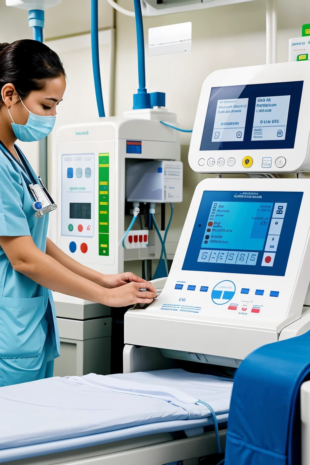 create an image based on this: The General Hospital of Cabimas (HGC) faces critical shortage of infusion pumps in internal medicine unit, with only 7 pumps for 100 patients per month. The design of an intelligent infusion pump would solve this lack, improving healthcare and hospital efficiency.