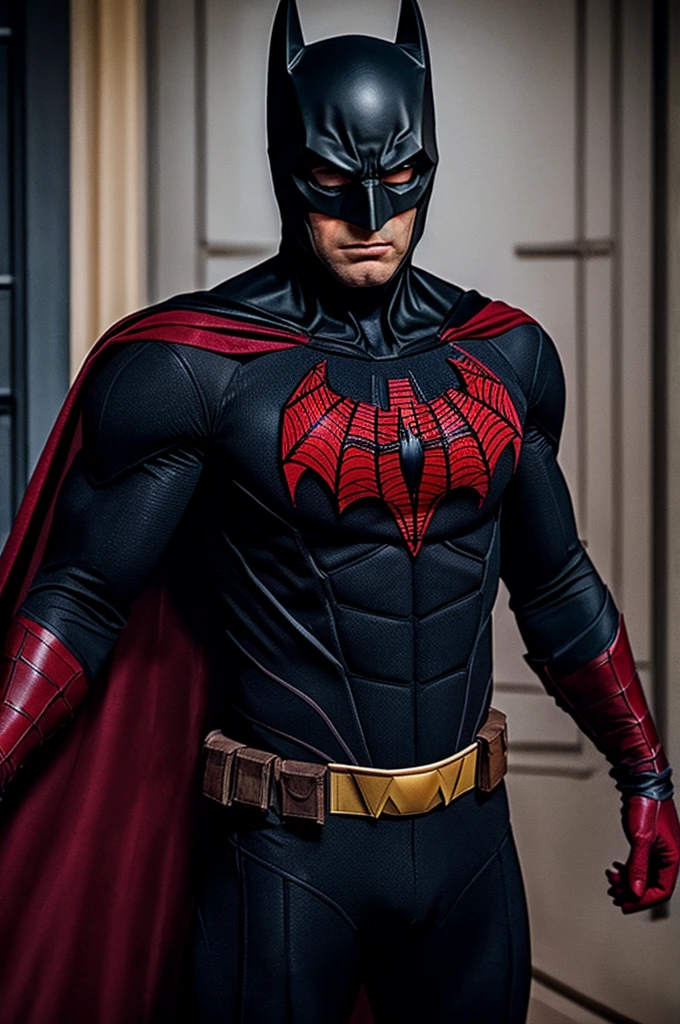 Batman wearing his traditional bat suit but with Spiderman's chest symbol and web pattern in Blood red coloring