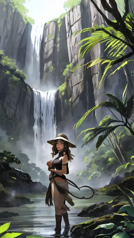 layered depth, parallax effect, Soft focus foreground:1.3) (1 girl, Perfect young temptress enjoying a Safari adventure:1.3), Exciting safari through a lush, Prehistoric jungle, observing imposing and ancient waterfalls, Towering trees..