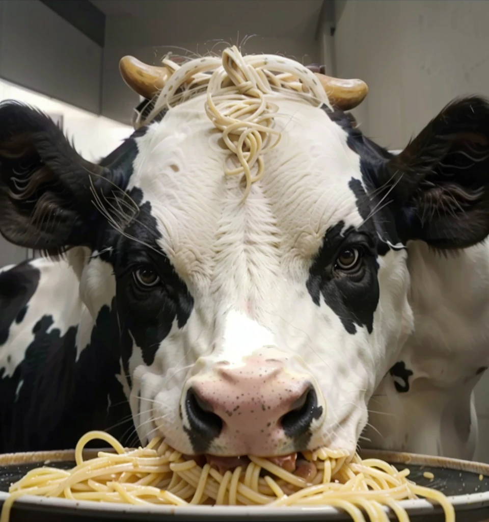 araffe eating spaghetti from a bowl in front of a black and white cow, cow, slurping spaghetti, eating pov camera, eating spaghetti from a bowl, eating spaghetti, food commercial 4 k, spaghetti, spaghetti in the nostrils, eating pasta, video, bovine, cows, eating cheese, eating meat, briefcase, eats pasta all the time
