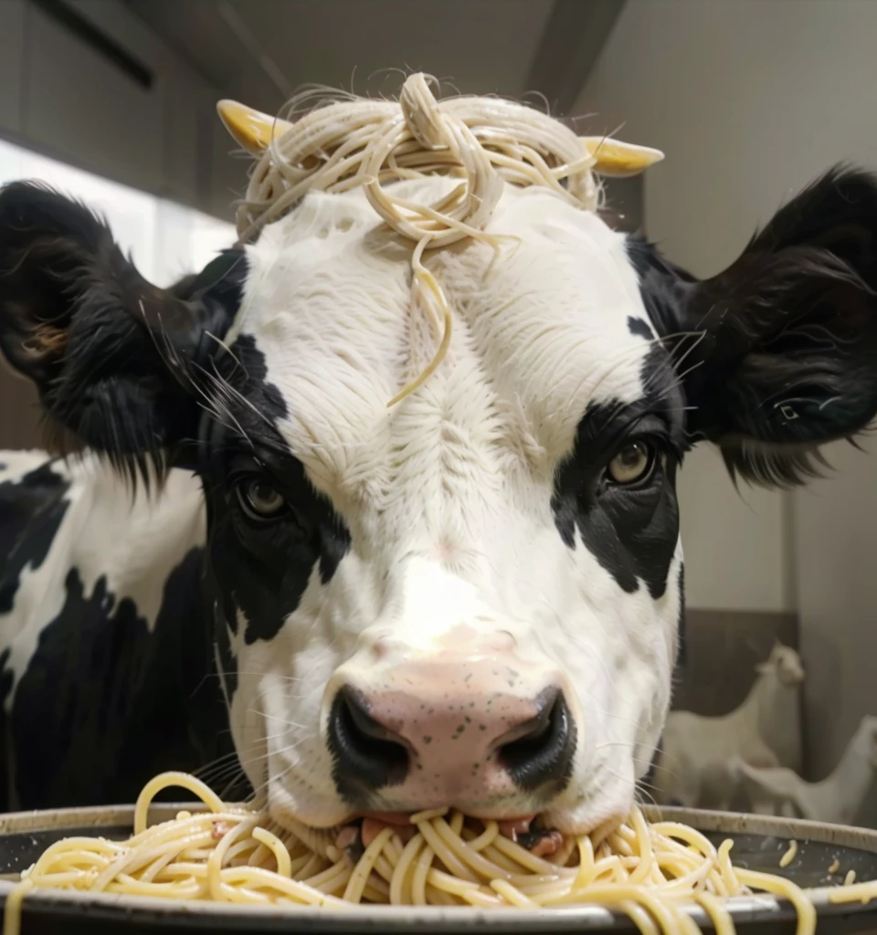 araffe eating spaghetti from a bowl in front of a black and white cow, cow, slurping spaghetti, eating pov camera, eating spaghetti from a bowl, eating spaghetti, food commercial 4 k, spaghetti, spaghetti in the nostrils, eating pasta, video, bovine, cows, eating cheese, eating meat, briefcase, eats pasta all the time