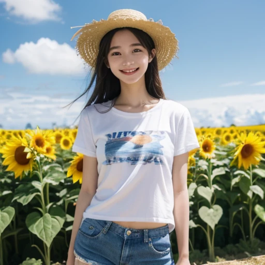 (шедевр、beste-Qualit:1.2)、ultra hyper-detailed、lighting like a movie、((1 beutiful girl))、a smile、body complet、shirts、summer vacation、a country road、Sunflower field、135mm f/1.8、Dynamic Poses、Dynamic angles