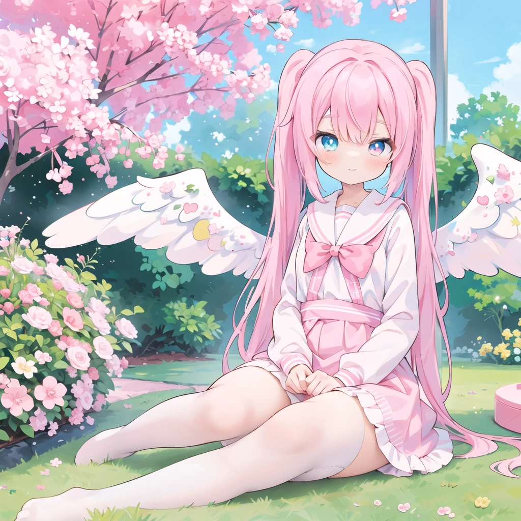 Anime Girls with pink hair and angel wings sitting on the ground, cute Anime Girls, Angel Girl, Pixiv, Pixiv style, (Anime Girls), Pink pigtails and cyan eyes, Cute Anime, of an beautiful Angel Girl, pretty Anime Girls, digital art on Pixiv, Cute girl anime visuals, top rated on Pixiv