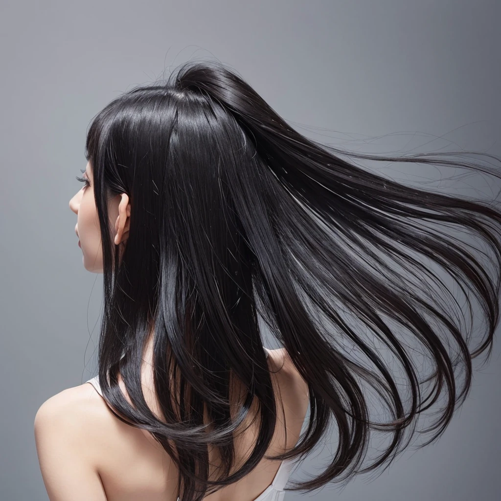 High quality, real photo, Japanese, black hair, shiny, beauty salon commercial, constant light intensity, only hair swaying, hair swaying in the wind, back view, silver background, hair length the same, only hair
