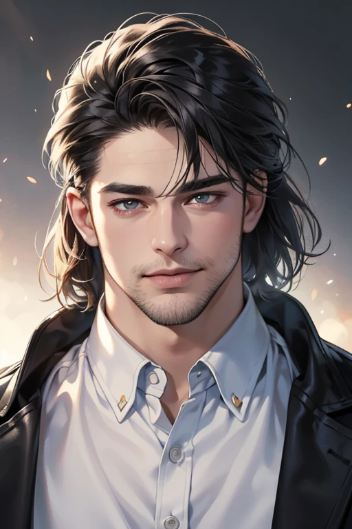 (best quality,4k,8k,highres,masterpiece:1.2),ultra-detailed,(realistic,photorealistic,photo-realistic:1.37),30 year old man,3 day beard,handsome anime,portraits,strong,masculine,dark hair,sharp jawline,mesmerizing eyes,perfectly styled hair,cool anime outfit,confident expression,vibrant colors,dynamic lighting, CEO and expression smile in love.