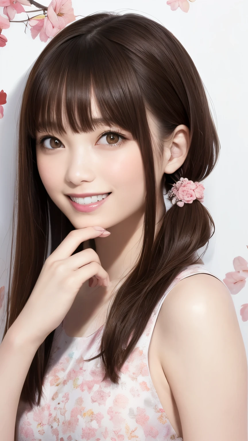 (Highest quality、8K、32k、masterpiece)、(Realistic)、(Realistic:1.2)、(High resolution)、Very detailed、Very beautiful face and eyes、1 Girl、Round and small face、Tight waist、Delicate body、(Highest quality、Attention to detail、Rich skin detail)、(Realistic、Realistic:1.37)、Bright colors、(((Brown Hair)))、(((Upper Body Shot)))、(((Long Hair)))、(((Side ponytail hair)))、(((White wall background)))、(((White wall background)))、(((smile)))、(((Teeth are visible)))、(((Wearing a one-piece dress)))、(((Touch your chin with your right hand)))、(((Pink floral dress)))
