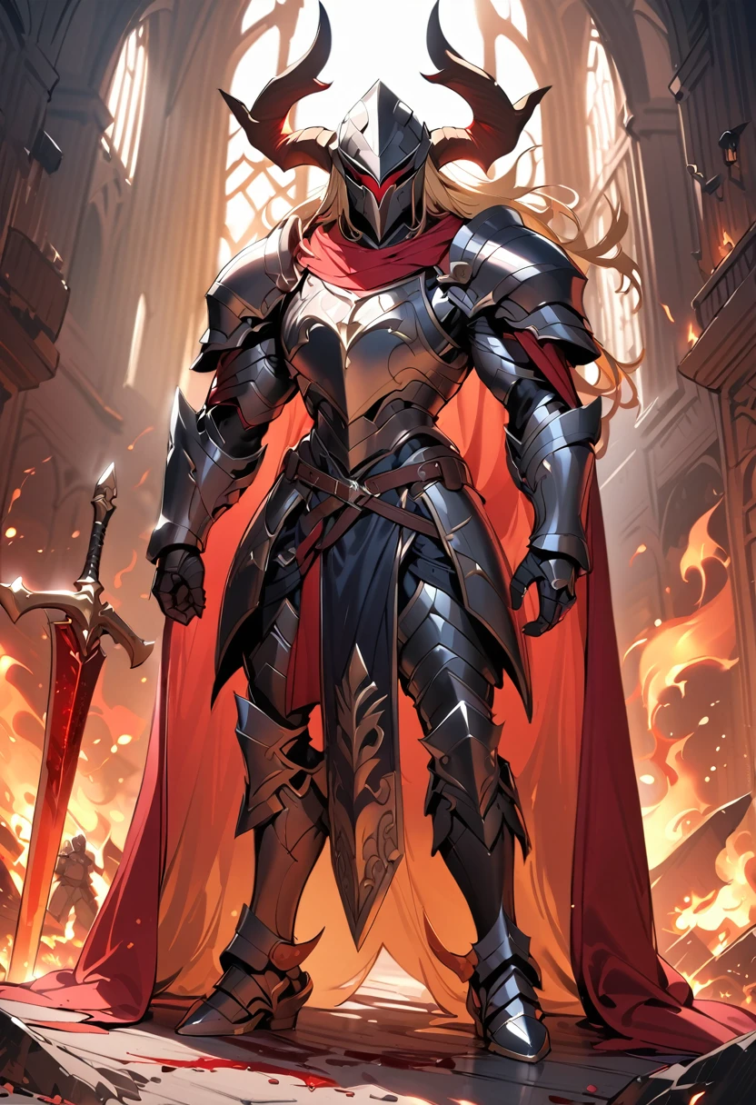 Masterpiece, exquisite and detailed, 8k, high resolution, merdieval fantasy, warrior, long blonde hair, light red eyes, muscular body, helmet with horns, black armor with red cape, carving of a red deer on the breastplate of the armor, standing with the flaming sword stuck on the ground, chaotic dungeon with blood scattered and fire