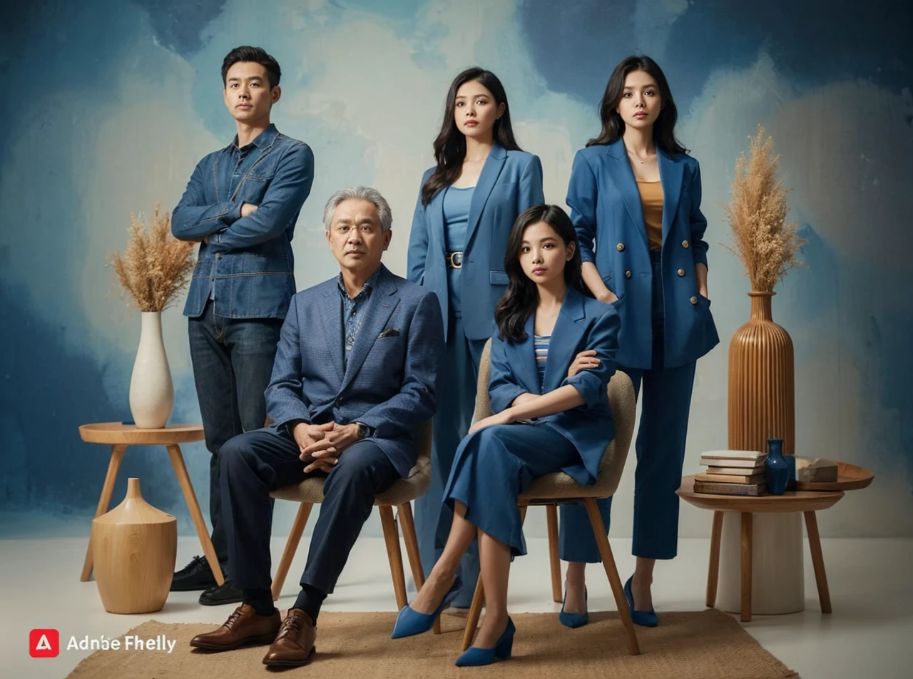 Family photo in Indonesia, four members, a 45-year-old father and mother, a 7--old ghter, and a 3-year-oln. Thare wearing coordinated blue denim suits and sharia dress, taken in a studio with abstract background, luxurious studio photo with decorative lights and green flower vases, sitting on a sofa, good lighting, realistic, best photography, UHD, 8k 