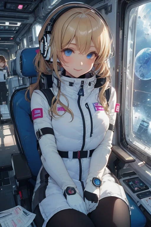 masterpiece, highest quality, high resolution, breasts, 20yo,1 girl,(solo):2,,blonde hair,(inside space station):2,flying:2,floatong:2,zero gravity,wind:1.5,anime lovelive style,
BREAK
headphone,(futurstic tight-fit bodysuit):2,(shiny silver long downvest):100,(northface silver metallic puffy downvest):2,(puffy):2,(black sleeves):5,(black tights):2,(black belt),futuristic boots and gloves,(smartwatch):100,astrovest
BREAK
1 girls, sitting in spacecraft cabin with 4-point seat belt, securely fastened, space station interior, looking out of large windows at Earth below, beautiful eyes, she have aluminum foil pouch,(aluminum foil pouch with plastic viewing window):2, contains nutritious liquid or puree together, smiling and chatting, bright and cheerful expressions, high quality cinematic lighting, detailed textures, sharp focus,blue hair,blue eyes,