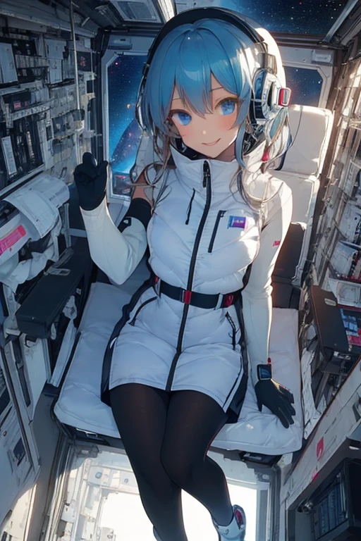 masterpiece, highest quality, high resolution, breasts, 20yo,1 girl,(solo):2,,blonde hair,(inside space station):2,flying:2,floatong:2,zero gravity,wind:1.5,anime lovelive style,
BREAK
headphone,(futurstic tight-fit bodysuit):2,(shiny silver long downvest):100,(northface silver metallic puffy downvest):2,(puffy):2,(black sleeves):5,(black tights):2,(black belt),futuristic boots and gloves,(smartwatch):100,astrovest
BREAK
1 girls, sitting in spacecraft cabin with 4-point seat belt, securely fastened, space station interior, looking out of large windows at Earth below, beautiful eyes, she have aluminum foil pouch,(aluminum foil pouch with plastic viewing window):2, contains nutritious liquid or puree together, smiling and chatting, bright and cheerful expressions, high quality cinematic lighting, detailed textures, sharp focus,blue hair,blue eyes,