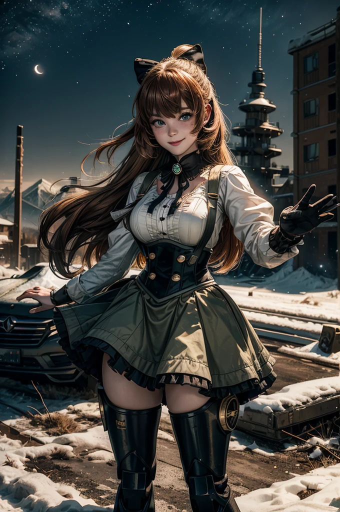 cowboy shot, dynamic pose, smile,  underbust, Penny Polendina, long hair, neck ribbon, suspender skirt, corset, black bow, white blouse, mechanical legs, neon trim, standing in city ruins on hill, overlooking valley, BREAK night, stars, moon, snow, BREAK mountains in background, waterfall, vehicle wreck, standing with crowd, (crowd in military uniform), bonfires, post-apocalypse, dystopian future, (volumetric lighting), intricate details, tonemapping, sharp focus, hyper detailed, 

