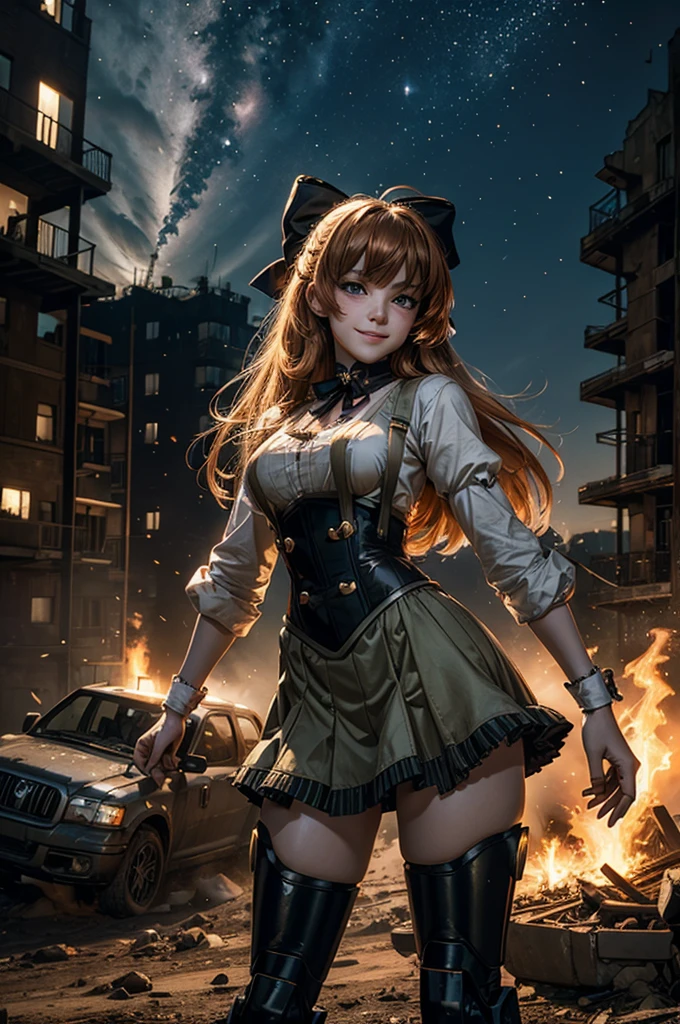 cowboy shot, dynamic pose, smile, underbust, Penny Polendina, long hair, neck ribbon, suspender skirt, corset, black bow, white blouse, mechanical legs, neon trim, standing in city ruins on hill, overlooking valley, BREAK night, stars, moon, snow, BREAK mountains in background, waterfall, vehicle wreck, standing with crowd, (crowd in military uniform), bonfires, post-apocalypse, dystopian future, (volumetric lighting), intricate details, tonemapping, sharp focus, hyper detailed,