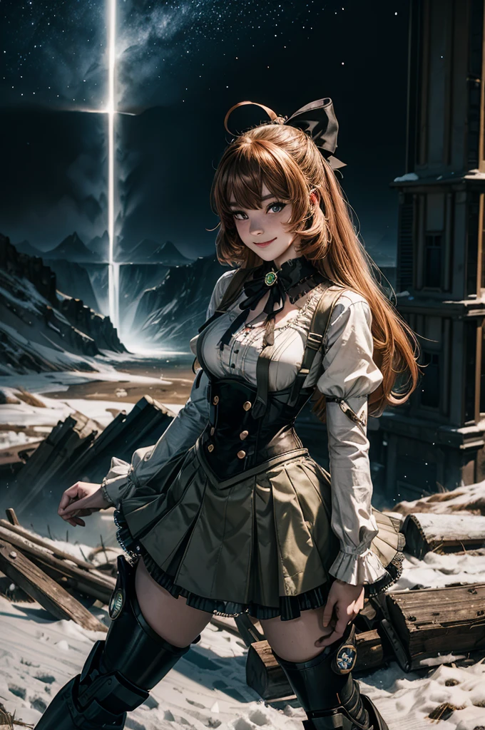cowboy shot, dynamic pose, smile, underbust, Penny Polendina, long hair, neck ribbon, suspender skirt, corset, black bow, white blouse, mechanical legs, neon trim, standing in city ruins on hill, in valley, BREAK night, stars, moon, snow, BREAK mountains in background, waterfall, crowd, (crowd in military uniform), bonfires, post-apocalypse, dystopian future, (volumetric lighting), intricate details, tonemapping, sharp focus, hyper detailed,