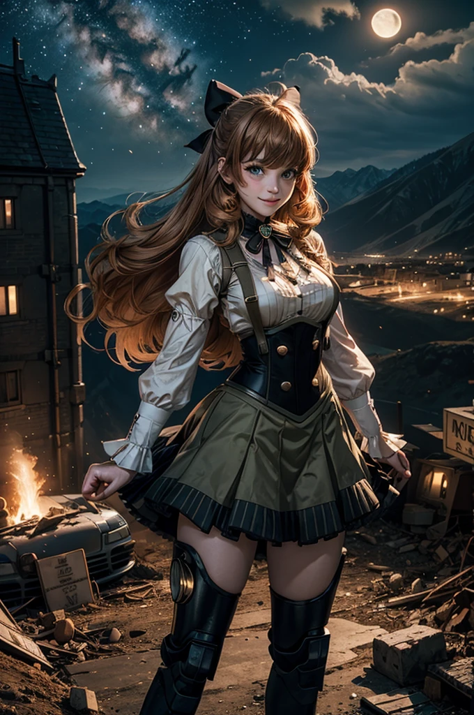 cowboy shot, dynamic pose, smile, underbust, Penny Polendina, long hair, neck ribbon, suspender skirt, corset, black bow, white blouse, mechanical legs, neon trim, standing in city ruins on hill, overlooking valley, BREAK night, stars, moon, snow, BREAK mountains in background, waterfall, vehicle wreck, standing with crowd, (crowd in military uniform), bonfires, post-apocalypse, dystopian future, (volumetric lighting), intricate details, tonemapping, sharp focus, hyper detailed,