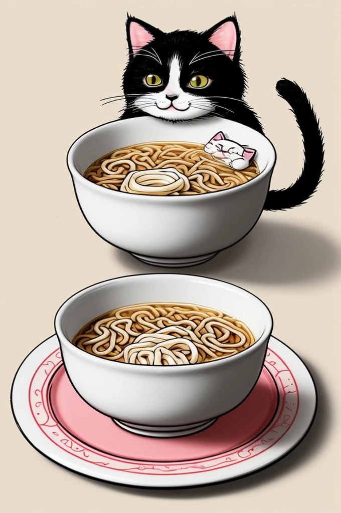 Adorable cat drawing, kawaii style savoring a delicious bowl of ramen
