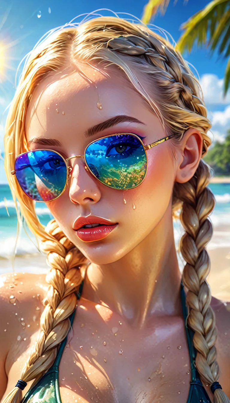 a sexy girl with long blonde hair in two braids, wearing sunglasses, on a tropical beach with the sun, her body wet and sweaty, wearing a tight small bikini, (best quality,4k,8k,highres,masterpiece:1.2),ultra-detailed,(realistic,photorealistic,photo-realistic:1.37),art inspired in Bill Sienkiewicz,detailed face,beautiful detailed eyes,beautiful detailed lips,extremely detailed eyes and face,longeyelashes,photorealistic,highly detailed,vibrant colors,natural lighting,soft focus,cinematic composition