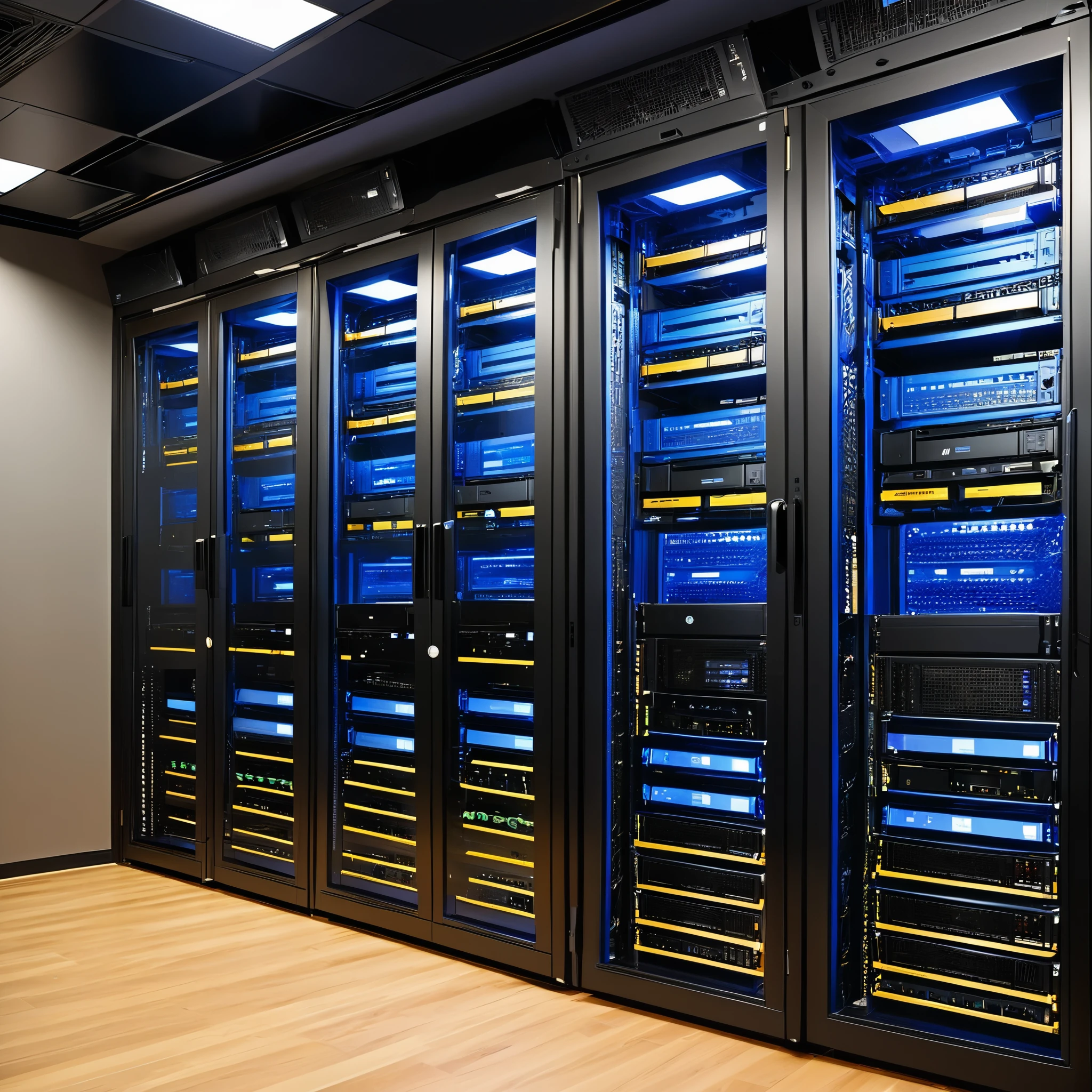 I room with a large rack system on a swivel system. the rack houses a large network and media server. The cables come down out of the ceiling and into the front of the rack and into the switches, nice and neat. The servers are in a room with glass doors. Hi-tech, micro detailed ornate.