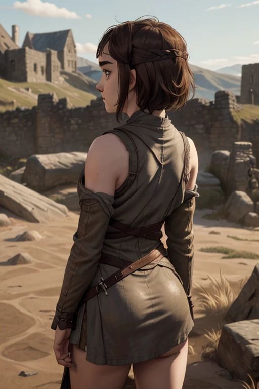 8k, Maisie Williams face, pale skin, toned abs, small breast, round ass, her round ass visible, brown hair, Maisie Williams as Arya Stark, torn ragged peasant dress, standing stance, winterfell in background, back View, sharp focus on her ass 