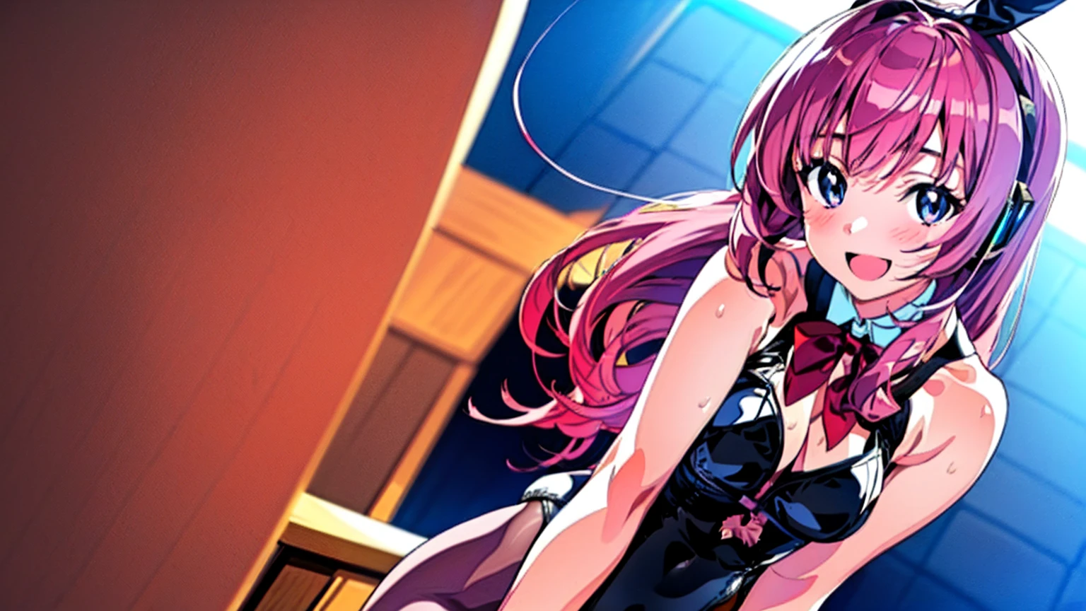 crotch,between legs ,smile,open mouth,pleasure,blush,embarrassed,(((low angle))),(best quality, 8k, masterpiece:1.2, nsfw,ultra-detailed,realistic,photorealistic,anime,Soft lighting,Bokeh), megurine_luka\(vocaloid\),1girl,Anime-like beautiful girl,silky smooth and very beautiful skin,very beautiful embarrassed face,Ordinary chest, 5headed body,Skinny type,Not muscular,5This refers to,Manicure is cherry colored, break, Perfectly beautiful figure,Height 162cm,Bust 87cm,Waist 56cm,Hip 85cm, blue eyes, girl, very long hair, purple eyes, long hair, solo, (bangs, pink hair, shining hair, light pink hair, ),official alternate costume, (((bunny leotard))), hair ornament, collarbone, (((casual leotard)), (((black frilled leotard:1.4))),(((ribbon_trimmed leotard,frilled leotard))).