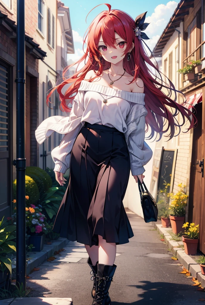 Shana,灼眼のShana,Long Hair, Red Hair, Red eyes,Ahoge,happy smile, smile, Open your mouth,Oversized off-the-shoulder sweater,Bare shoulders,bare clavicle,Bare neck,Locket Necklace,black long skirt,short boots,Daytime,sunny,Walking,whole bodyがイラストに入るように, break outdoors, Building district, break looking at viewer, whole body, break (masterpiece:1.2), Highest quality, High resolution, unity 8k wallpaper, (shape:0.8), (Beautiful attention to detail:1.6), Highly detailed face, Perfect lighting, Highly detailed CG, (Perfect hands, Perfect Anatomy),