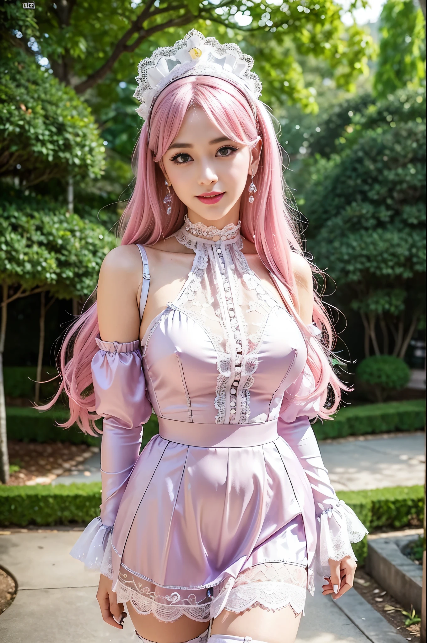 (nsfw), sexy stylish Swedish model, only 1 female, ((doll-like appearance)), short neon pink stylish hair, ((shiny Victorian-Style boots)), (big smile), ultra detailed eyes, vivid eye makeup, lip-gloss, long lashes, defined eyebrows, ((sexy Paradise Kiss cosplay)), bell-shaped skirt, petticoats, high neckline, puffed sleeves, ((ultra detailed lace)), ((ultra detailed embroidery)), intricate details, Paradise Kiss accessoires and matching headpiece, choker, ((large sparkling Paradise Kiss jewelry)), cinematic light, detailed large park background with trees