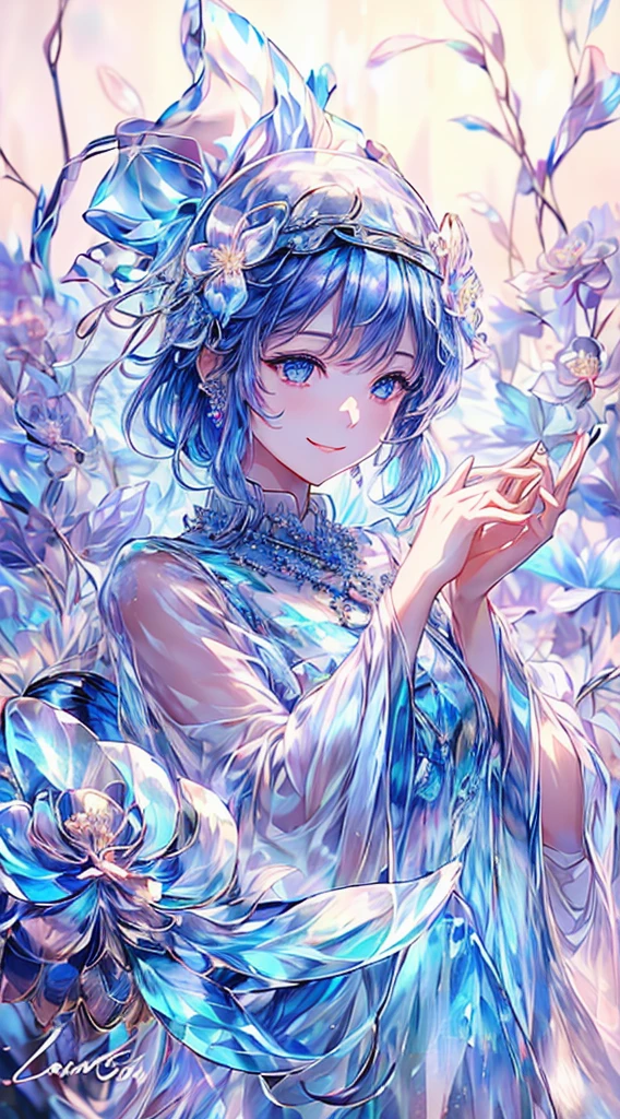 masterpiece,Highest Resolution,((((Bow your head and smile)))),Dynamic avatar of a beautiful aristocratic girl,Her blue hair is elegantly curled,(((Wearing a large flower crown、Bucket hat,gem,Diamond Necklace))),Purple transparent eyes,(((The hair is covered with beautiful and delicate floral crafts, crystal jewelry filigree))),Ultra-detailed details。