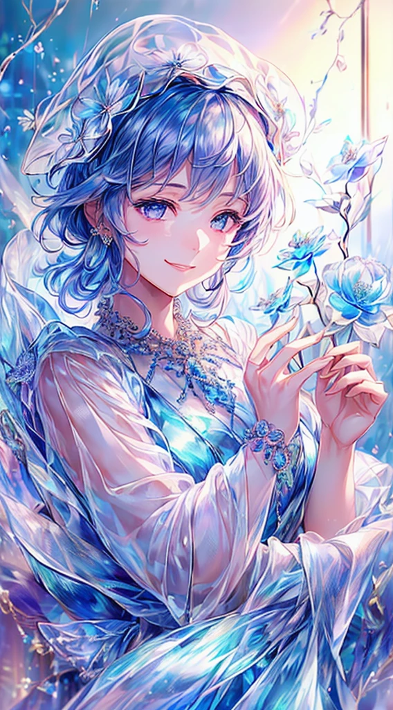 masterpiece，Highest Resolution，((((Bow your head and smile))))，Dynamic avatar of a beautiful aristocratic girl，Her blue hair is elegantly curled，（((Wearing a large flower crown、Bucket hat，gem，Diamond Necklace)))，Purple transparent eyes，(((The hair is covered with beautiful and delicate floral crafts, crystal jewelry filigree)))，Ultra-detailed details。