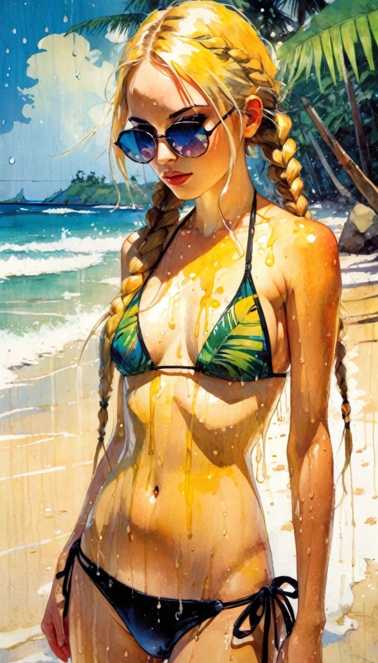 sexy girl with long hair in two braids, blonde hair, sunglasses, sun, wet body, sweaty, bikini, small breasts, tight bikini, on the beach, tropical beach, manga style (art inspired in Bill Sienkiewicz). oil painting)