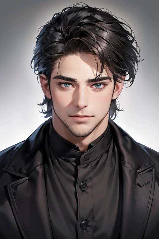 (best quality,4k,8k,highres,masterpiece:1.2),ultra-detailed,(realistic,photorealistic,photo-realistic:1.37),30 year old man,3 day beard,handsome anime,portraits,strong,masculine,dark hair,sharp jawline,mesmerizing eyes,perfectly styled hair,cool anime outfit,confident expression,vibrant colors,dynamic lighting, CEO and expression smile in love.