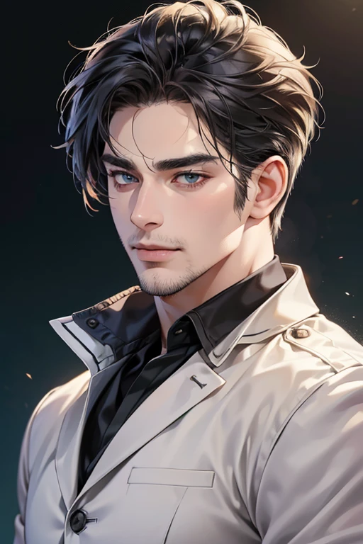 (best quality,4k,8k,highres,masterpiece:1.2),ultra-detailed,(realistic,photorealistic,photo-realistic:1.37),30 year old man,3 day beard,handsome anime,portraits,strong,masculine,dark hair,sharp jawline,mesmerizing eyes,perfectly styled hair,cool anime outfit,confident expression,vibrant colors,dynamic lighting, CEO and expression smile in love.