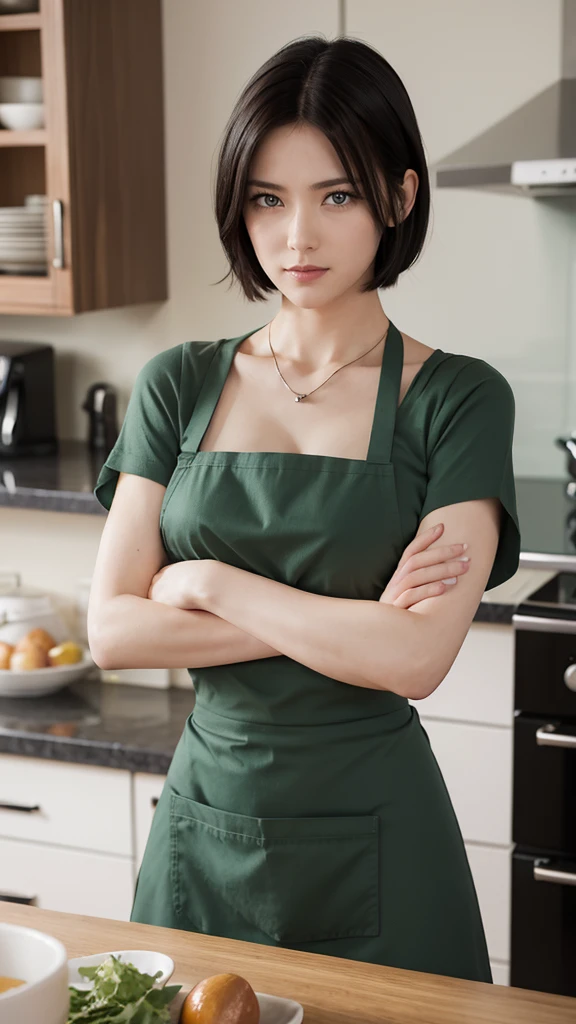 (Highest quality、8K、masterpiece:1.3)、Big Breasts、Beautiful woman with perfect figure:1.2、Black Hair、Green Eyes、Bob Hair、Wearing a pendant、Short apronを着用、Short apron(Too much exposed skin)、White apron(clavicle、shoulder、Underarm、Arms are exposed)、In the kitchen、Arms crossed、😠✨、Highly detailed of the face and skin、Fine particles、double eyelid、Big Breasts