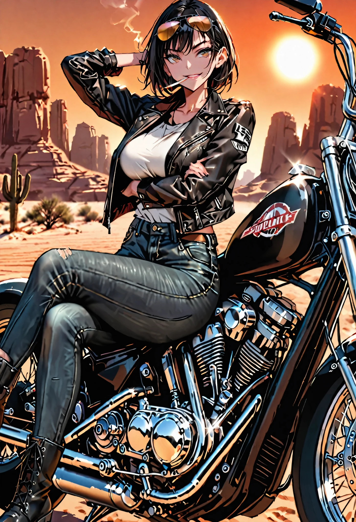 female, short messy black hair, aviator sunglasses, cigarette in mouth, black leather jacket, worn jeans, leather boots, huge chopper motorcycle, desert landscape, sun above, bike gang, close up, huge breasts, defiant smile, leaning back, standing, legs crossed, crossed arms