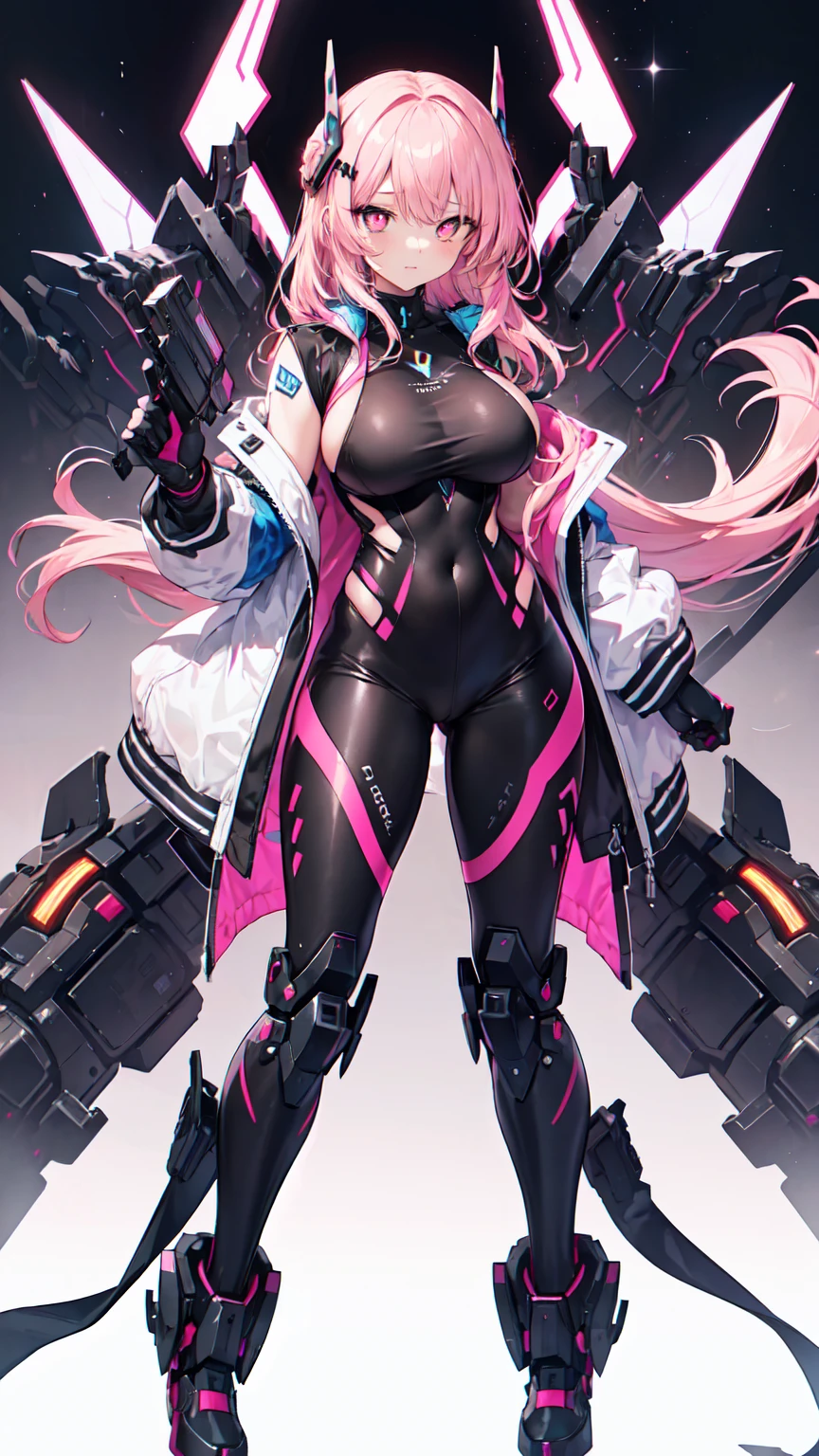 ((masterpiece))) whole body, whole body Shot (One Girl) ((Pink Hair, Long Hair, Straight hair, Both sides up))), ((Green Eyes))), eye shadow, eyeliner, Glowing Eyes, Hyper Detail Eye, Complex eyes, Beautiful Eyes, Fine grain, (((Star-shaped pupils, Shining pink eyes))) 18-year-old girl. (Wearing a transparent PVC jacket)) huge cool weapon mechanical in hand, huge cool weapon mechanical, Mecha, Mechaanism, mechanical, Open Stance, Coalesce,Sexy Outfits,lure,Show off your figure,purge,