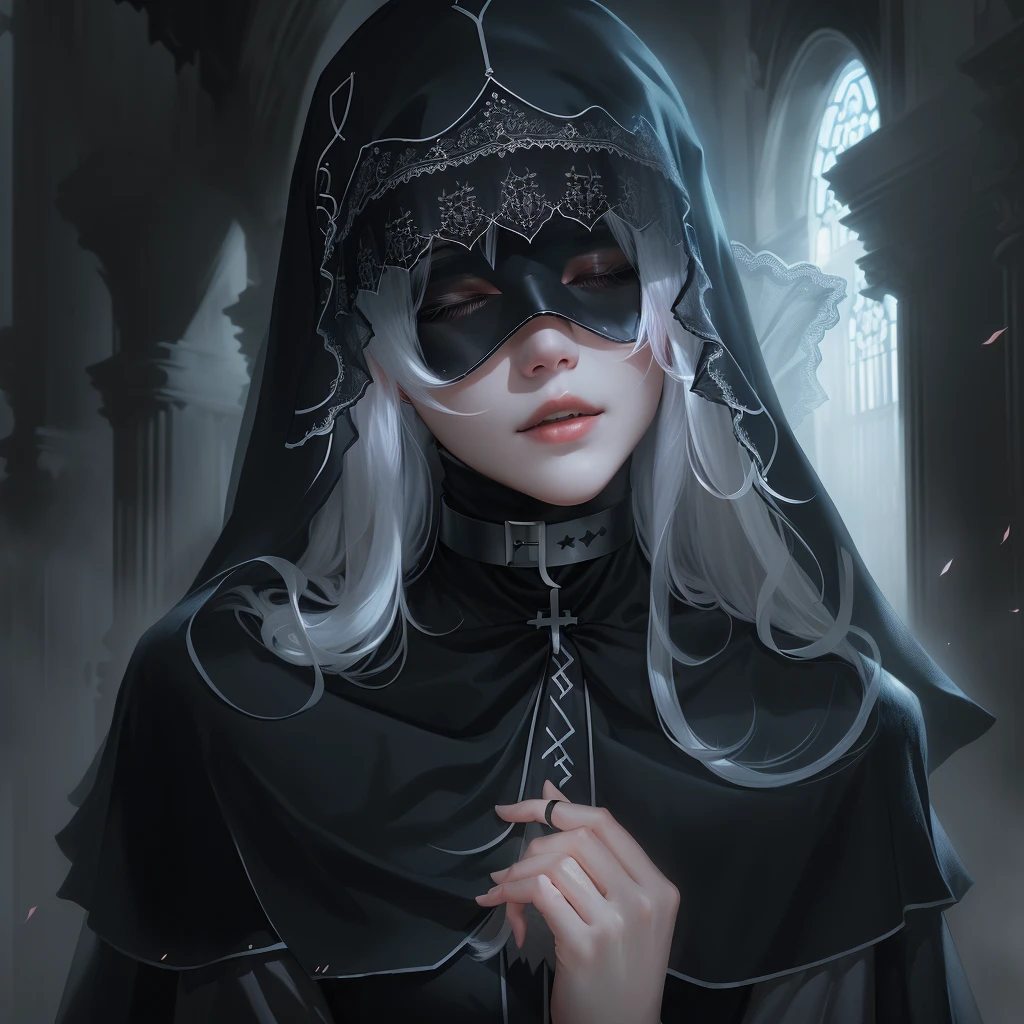 white hair, priest, nun, black veil, translucent veil, blind lace, blind mask, dog collar