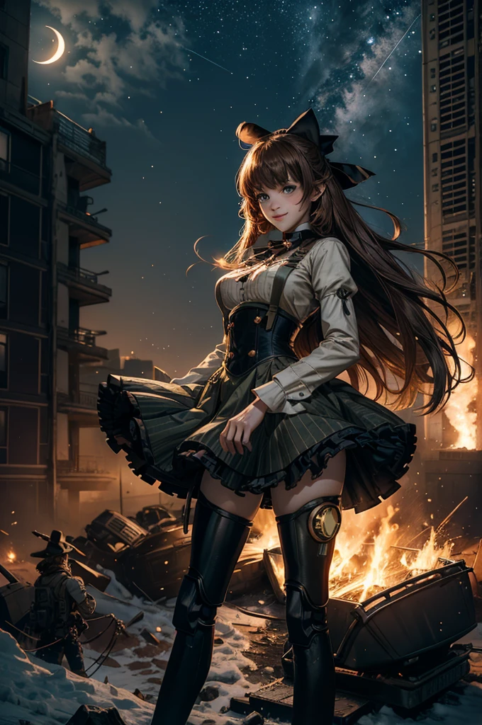 cowboy shot, (dynamic pose), smile, underbust, Penny Polendina, long hair, neck ribbon, suspender skirt, corset, black bow, white blouse, mechanical legs, neon trim, standing in city ruins on hill, overlooking valley, BREAK night, stars, moon, snow, BREAK mountains in background, waterfall, vehicle wreck, standing with crowd, (crowd in military uniform), bonfires, post-apocalypse, dystopian future, (volumetric lighting), intricate details, tonemapping, sharp focus, hyper detailed,