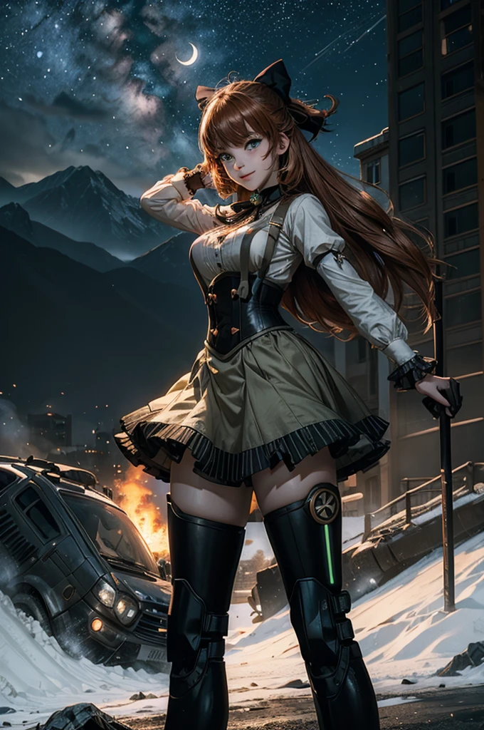 cowboy shot, (dynamic pose), smile, underbust, Penny Polendina, long hair, neck ribbon, suspender skirt, corset, black bow, white blouse, mechanical legs, neon trim, standing in city ruins on hill, overlooking valley, BREAK night, stars, moon, snow, BREAK mountains in background, waterfall, vehicle wreck, standing with crowd, (crowd in military uniform), bonfires, post-apocalypse, dystopian future, (volumetric lighting), intricate details, tonemapping, sharp focus, hyper detailed,
