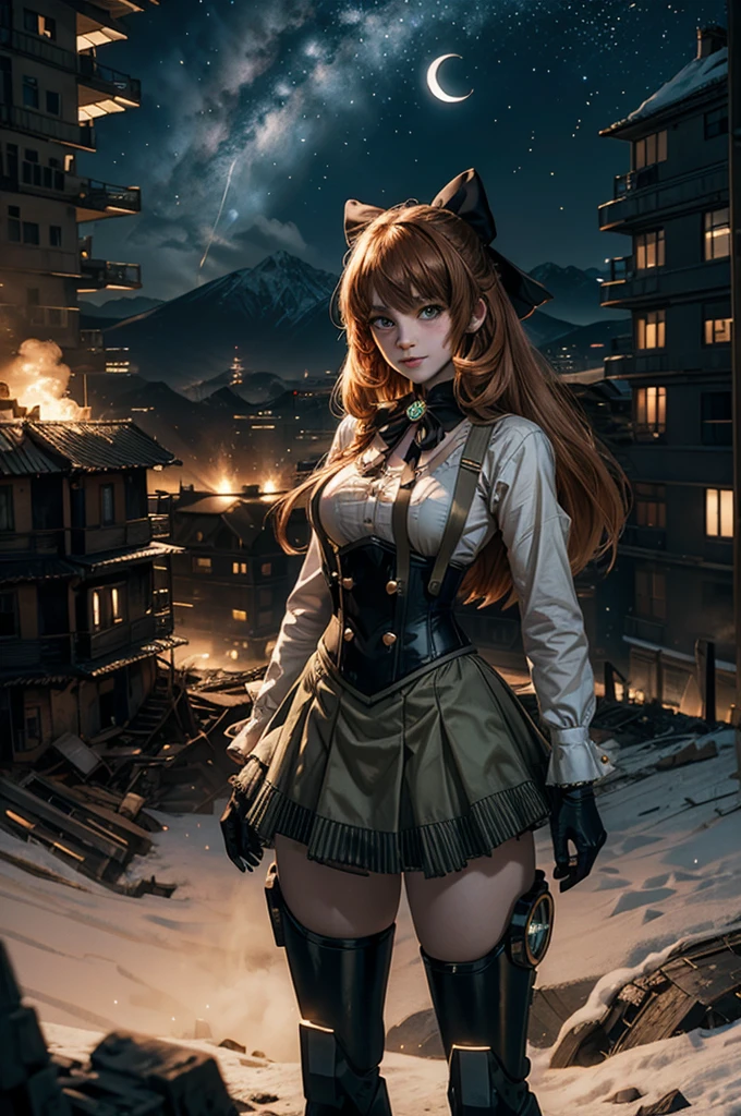 cowboy shot, (dynamic pose), smile,  underbust, Penny Polendina, long hair, neck ribbon, suspender skirt, corset, black bow, white blouse, mechanical legs, neon trim, standing in city ruins on hill, overlooking valley, BREAK night, stars, moon, snow, BREAK mountains in background, waterfall, vehicle wreck, standing with crowd, (crowd in military uniform), bonfires, post-apocalypse, dystopian future, (volumetric lighting), intricate details, tonemapping, sharp focus, hyper detailed, 

