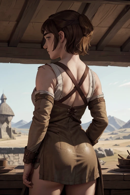 8k, Maisie Williams face, pale skin, toned abs, small breast, round ass, her round ass visible, long brown hair, Maisie Williams as Arya Stark, torn ragged peasant dress, standing stance, winterfell in background, back View, sharp focus on her ass 