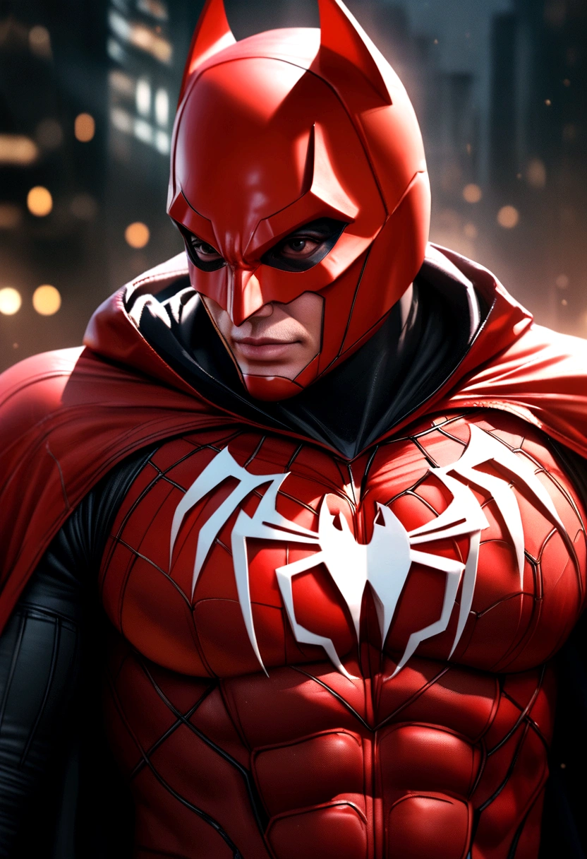 Batman wearing his traditional bat suit but with Spiderman's chest symbol and web pattern in bright Crimson red, 4k, very detailed, realistic