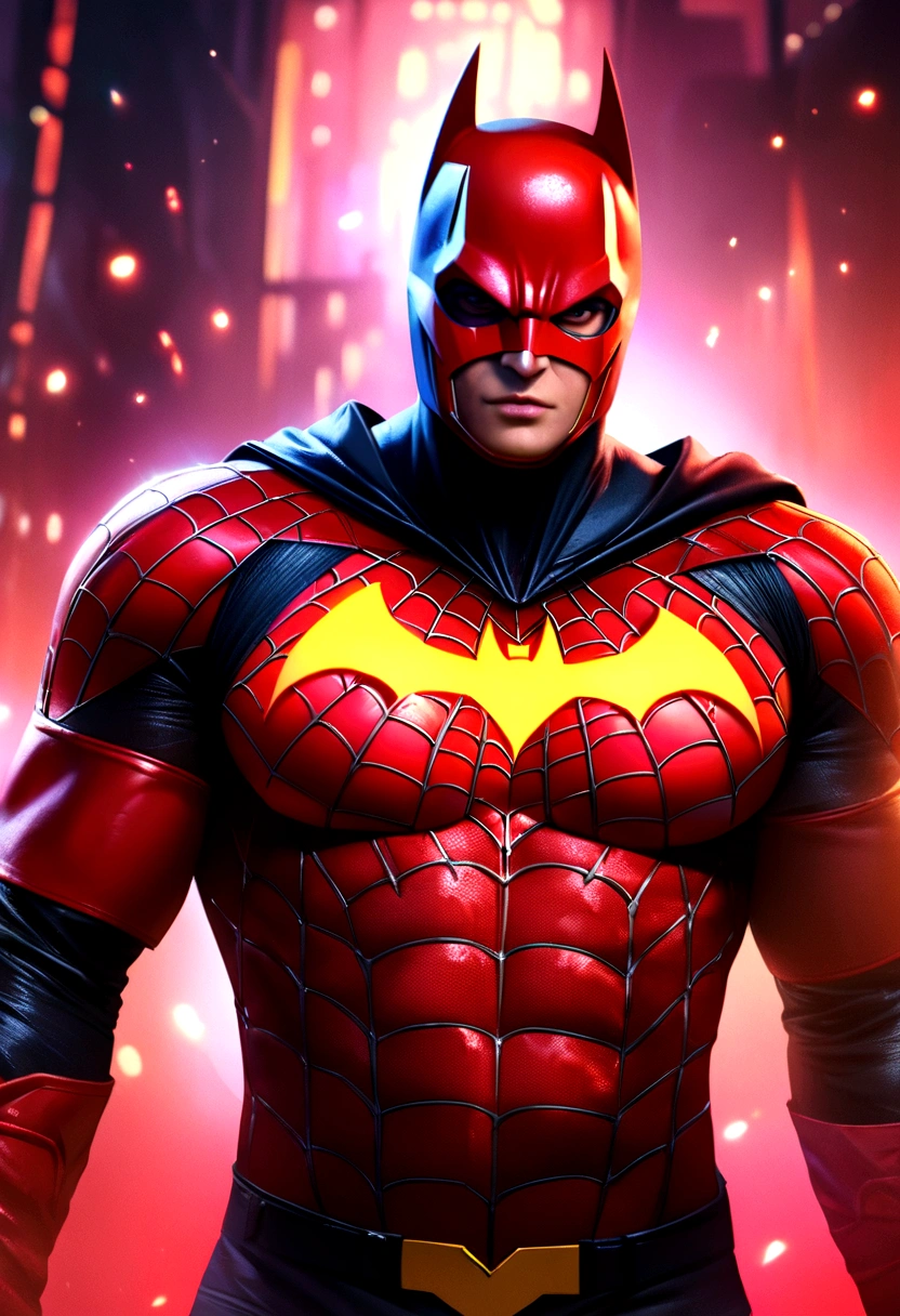 Batman wearing his traditional bat suit but with Spiderman's chest symbol and web pattern in bright Crimson red, 4k, very detailed, realistic