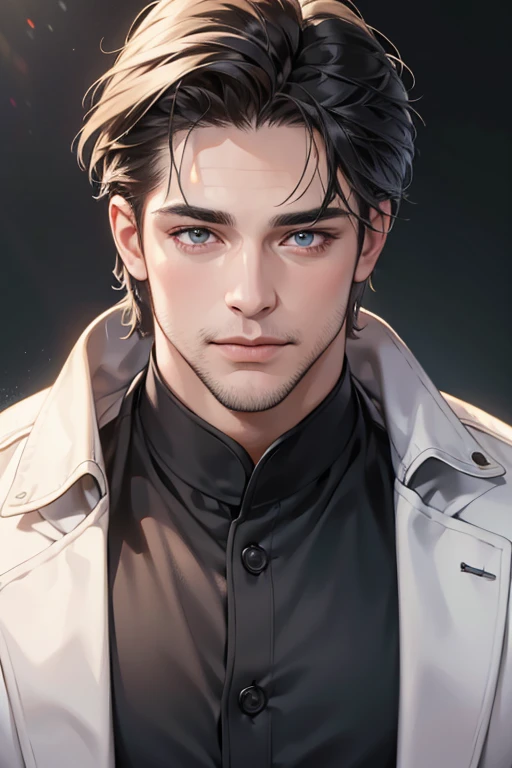 (best quality,4k,8k,highres,masterpiece:1.2),ultra-detailed,(realistic,photorealistic,photo-realistic:1.37),30 year old man,3 day beard,handsome anime,portraits,strong,masculine,dark hair,sharp jawline,mesmerizing eyes,perfectly styled hair,cool anime outfit,confident expression,vibrant colors,dynamic lighting, CEO and expression smile in love.
